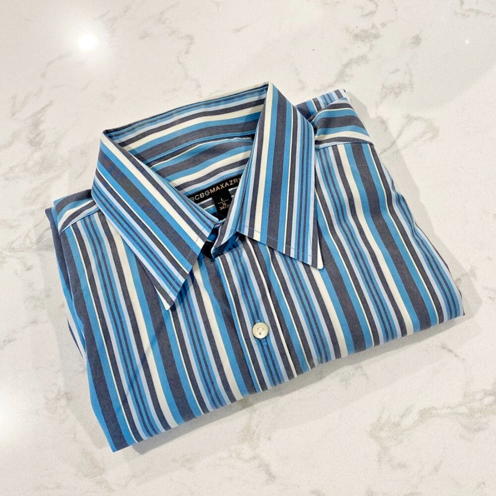 BCBGMAXAZRIA Mens Dress Shirt Blue Stripe Button Cuffs Slim Fit L 16 34/35